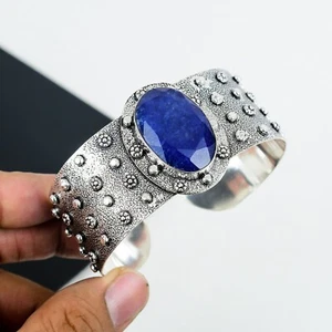 Blue Sapphire Lab-Created Gemstone Handmade 925 Sterling Silver Cuff Bangle Gift - Picture 1 of 4