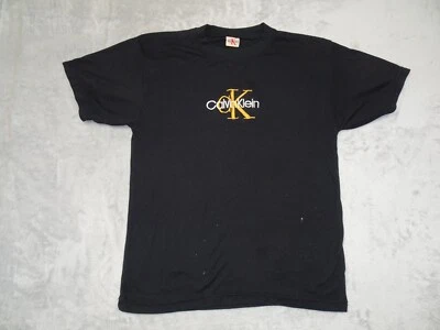 Vintage Calvin Klein Gold Embroidered Center Chest Logo T Shirt M-L Stretchy Blk - Image 1 of 4