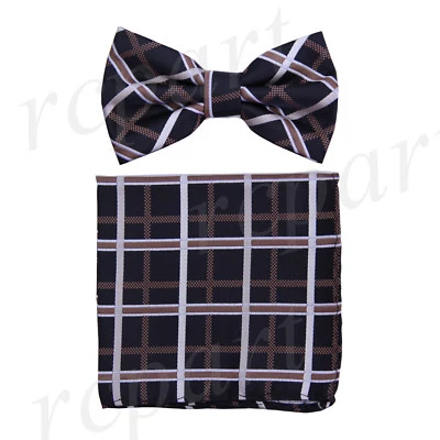 Hombres Microfibra Pre-atado Pajarita y Pañuelo Conjunto Marrón Cuadros Formal Boda Baile de graduación Foto 1 de 4