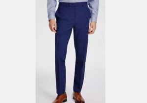 Calvin Klein Mens 38x30 Slim-Fit Blue Plaid Flat Front Dress Pants - Picture 1 of 12