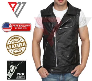 Men Black Genuine Leather Motorcycle Vest/Slim Fit Sleeveless Jacket/Biker Vest - Picture 1 of 3