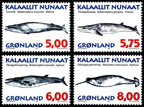 Greenland 1997 Whales,  2nd series, set of 4, Blue, Fin, Sei, Narwhal, UNM / MNH Cover