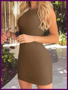 Womens Ribbed Scoop Neck Sleeveless Tank Dresses Basic Bodycon Mini Dress - Picture 1 of 29