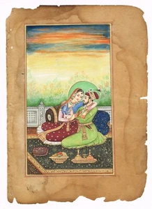 Indian Miniature Painting Of Mughal Emperor & Empress in Love Art 6x8.5 Inches - Picture 1 of 6