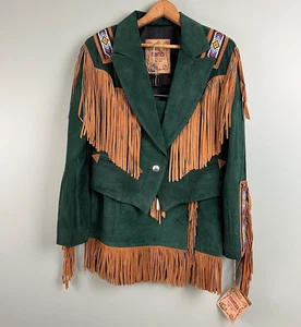 Vintage NWT Phoenix Frontier Collection Fringe Green Suede Jacket M Skirt Sz 7 - Picture 1 of 19