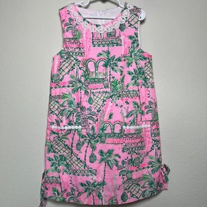 Lilly Pulitzer Girls Shift Dress 10 Pink Green Sleeveless Embroidered Mandevilla - Picture 1 of 15