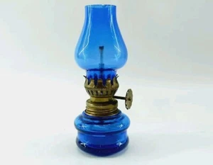 Vintage Mini Blue Glass Hurricane Lamp 3.75 in. Made In Hong Kong Nice condition - Picture 1 of 6