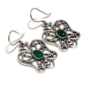 Green Onyx Oval Gemstone Handmade Light Oxidized Drop Dangle Butterfly Earrings - Picture 1 of 3