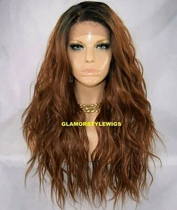 360 FREE PART HUMAN HAIR BLEND LACE FRONT WIG LONG OMBRE BLACK  BROWN AUBURN MIX - Picture 1 of 6