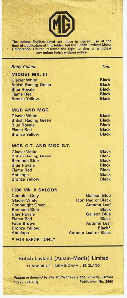 Combinaciones de color y ajuste MG C1969-70 Reino Unido folleto de hoja única enano MGB MGC Foto 1 de 1