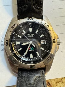 Pulsar Solar Watch Men 37mm Silver V145-0B80 Black Dial 100M Dive - Picture 1 of 6