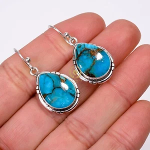 925 Sterling Silver Blue Copper Turquoise Handmade Genuine Earrings - Picture 1 of 4