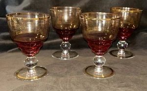 Set Of 4 MCM Cranberry W/Gold Bands Beehive 5 1/4” Wine Water 6oz Goblets Glass - Picture 1 of 8