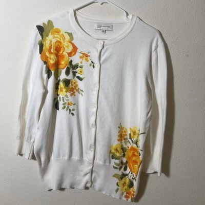 Women’s Jones New York Cardigan Sweater XL Winter White W/ Yellow Rose Floral - Image 1 of 4