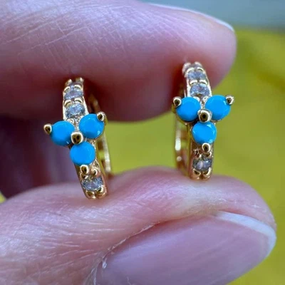 925 Sterling Silver Earrings Turquoise 1.5mm Natural Gemstone Zircon Women Gift - Image 1 of 4