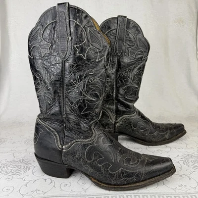 Botas de caubói femininas J.B. Dillon JBW2200 tamanho US9B couro de cabra craquelado preto - Imagem 1 de 4