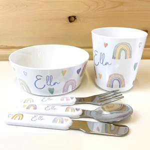 Personalised Children's Dinner Set with Rainbows - Bowl / Cup / Cutlery for Kids - Picture 1 of 9