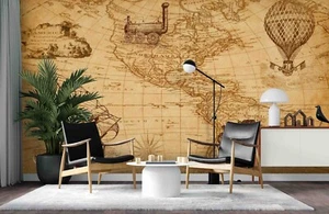 3D Retro World Map Self-adhesive Removeable Wallpaper Wall Mural - Picture 1 of 10