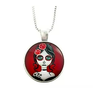 Necklace Dia De Muertos Sugar Skull Girl Domed Glass Cabochon 20" Sterling Chain - Picture 1 of 3