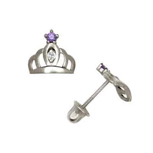 14K Solid Gold Royal Crown Screw Back Stud Earrings Amethyst CZ Stones Gift - Picture 1 of 4