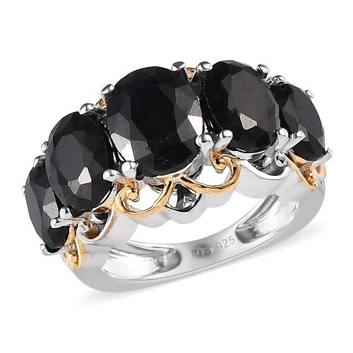 Anillo de 5 piedras de zafiro medianoche Vermeil YG y platino sobre SS 8,15 ctw talla 7, 8, 9 Foto 1 de 2