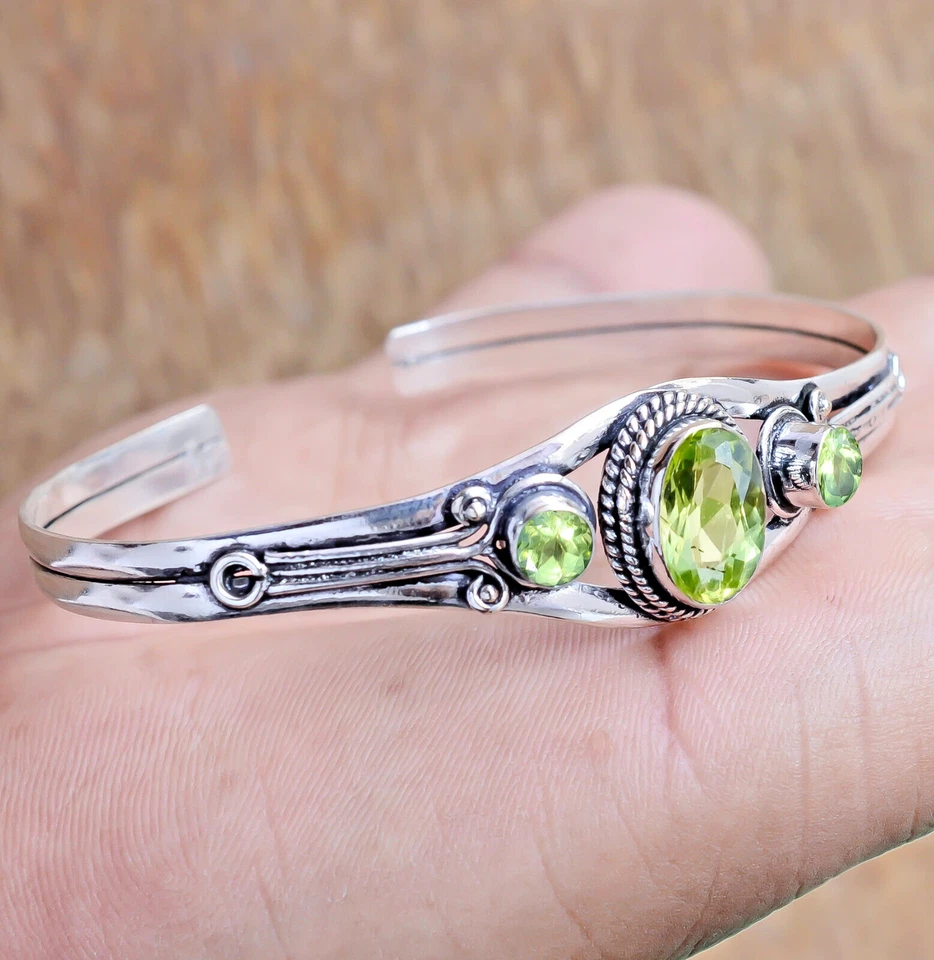Faceted Peridot Gemstone Bracelet 925 Sterling Silver Handmade Gifted Man's Cuff - Image 1 of 4