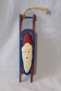 Miniature Dollhouse Wood Carved Santa Claus Head Snow Sled Christmas Ornament - Picture 1 of 4
