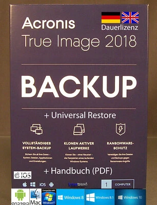 Acronis True Image 2018 Vollversion 1 PC/Mac + Universal Restore DE / EN NEU - Bild 1 von 2