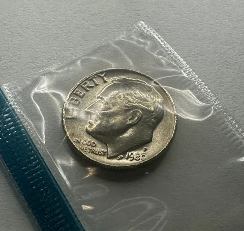 1980-P Uncirculated Roosevelt Dime From US Mint In Original Mint Cellophane Cover