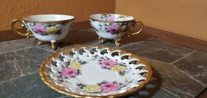 Vintage Iridescent Footed Tea Cups and Reticulated Saucer with Gold Colored Trim - Picture 1 of 7