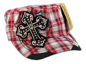 Cross on Red Plaid Cadet Cap Military Hat Distressed Visor - Picture 1 of 4