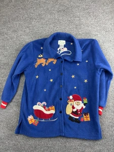 Quacker Factory Christmas Sweater Womens Large Blue Fleece Santa Sleigh Reindeer - Picture 1 of 6