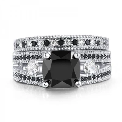 Anillo de compromiso nupcial moissanita negro cojín de 2,5 quilates pavé de plata 925 maciza Foto 1 de 4