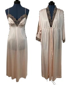 Vtg JC Penny Pink Brown Lace Peignoir Sleeveless Slip Long Nightgown & Robe XS - Picture 1 of 23