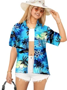 LA LEELA Camicie Hawaiane Donna Casual Estive Spiaggia Festa Camicia M Spiaggia, Blu - Foto 1 di 3