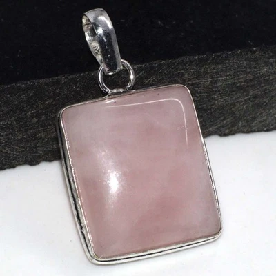 Rose Quartz 925 Silver Plated Gemstone Handmade Pendant 1.6" Promise Gift JW - Image 1 of 3