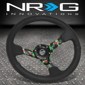 NRG 350mm 3" Deep 5mm Thick 3-Spoke Floral Racing Steering Wheel Leather Black - Picture 1 of 6