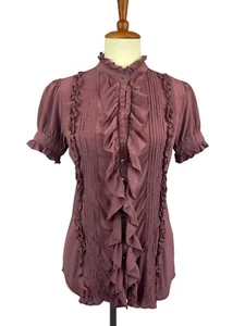 Y2K Ruffle Button Up Blouse Womens S Short Puff Sleeves Mauve Mandarin Collar - Picture 1 of 13