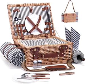 Wicker Picnic Basket for 2 – Insulated Cooler, Blanket & Wine Pouch - Picture 1 of 12