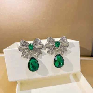 White Gold Filled Silver Lab Created Emerald Teardrop & Bow Statement Earrings - Picture 1 of 8