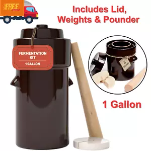 Fermentation Crock 1 Gallon with Lid, Weights and Pounder - Ceramic Pickling Jar - Picture 1 of 8