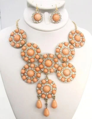 17.5" Gold-P Crystal & Orange Cream Medallion Bib Chain Choker Necklace/Earrings - Image 1 of 3
