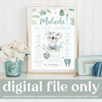 Печатная доска с вехами на первый день рождения, австралийское животное коала 1-я вечеринка PDF - Изображение 1 из 3