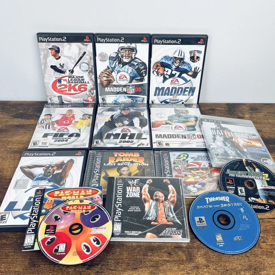 Винтажный PlayStation лот комплект из 14 игр PS1 PS2 и PS3 Pacman WWF Tomb Raider - Изображение 1 из 4