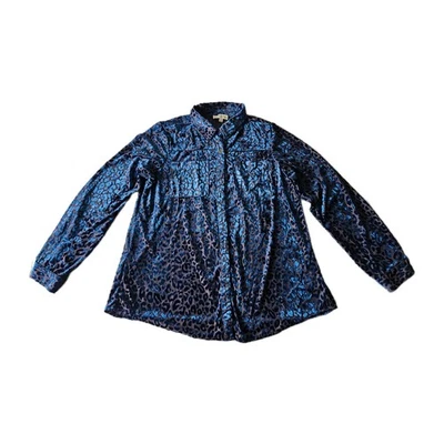 Blusa Umgee Azul Estampado Leopardo Transparente Burnout Terciopelo Aplastado Abotonada XL Foto 1 de 4