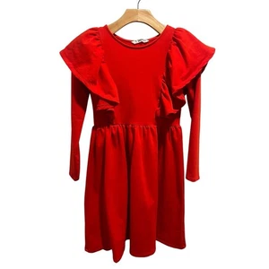 SHEIN Dress Girls Size 11 Red Ruffle Trim Long Sleeve Knee Lenght Midi Party - Picture 1 of 9