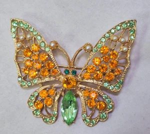 Butterfly Rhinestone Brooch Orange Amber & Green Crystal VTG Gold Tone 2" - Picture 1 of 8