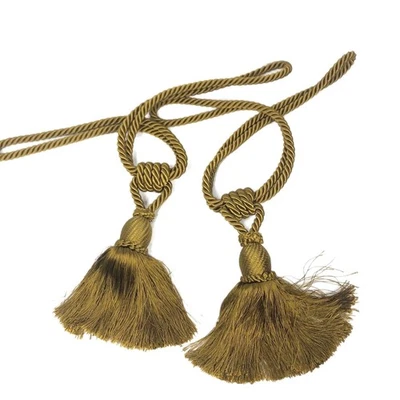 Juego de 2 respaldos de borla de cortina de hilo de metal dorado antiguo Hollywood Regency * Foto 1 de 4