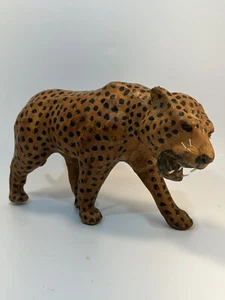 Vintage Cheetah Leopard Leather Wrapped Statue Jungle Handmade Figure 12 Inch - Picture 1 of 4