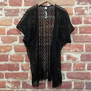 Highness Kimono Top Womens OS Black Boho Abstract Embroidered Open Fringe Blouse - Picture 1 of 8